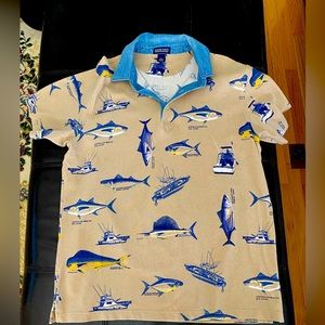 Lands End Mens Beige Tan Blue Fish Print Denim Collar Polo Shirt Size XL.